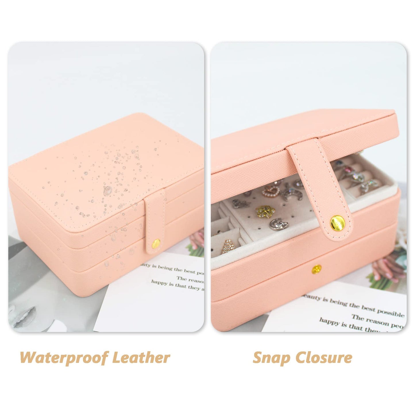 KOOAAICCHI Small Jewelry Box, Travel Jewelry Organizer, Portable Jewelry boxes for Women Girls Gift, Double Layers PU Leather Jewelry Holder for Rings, Earrings, Necklaces-Pink