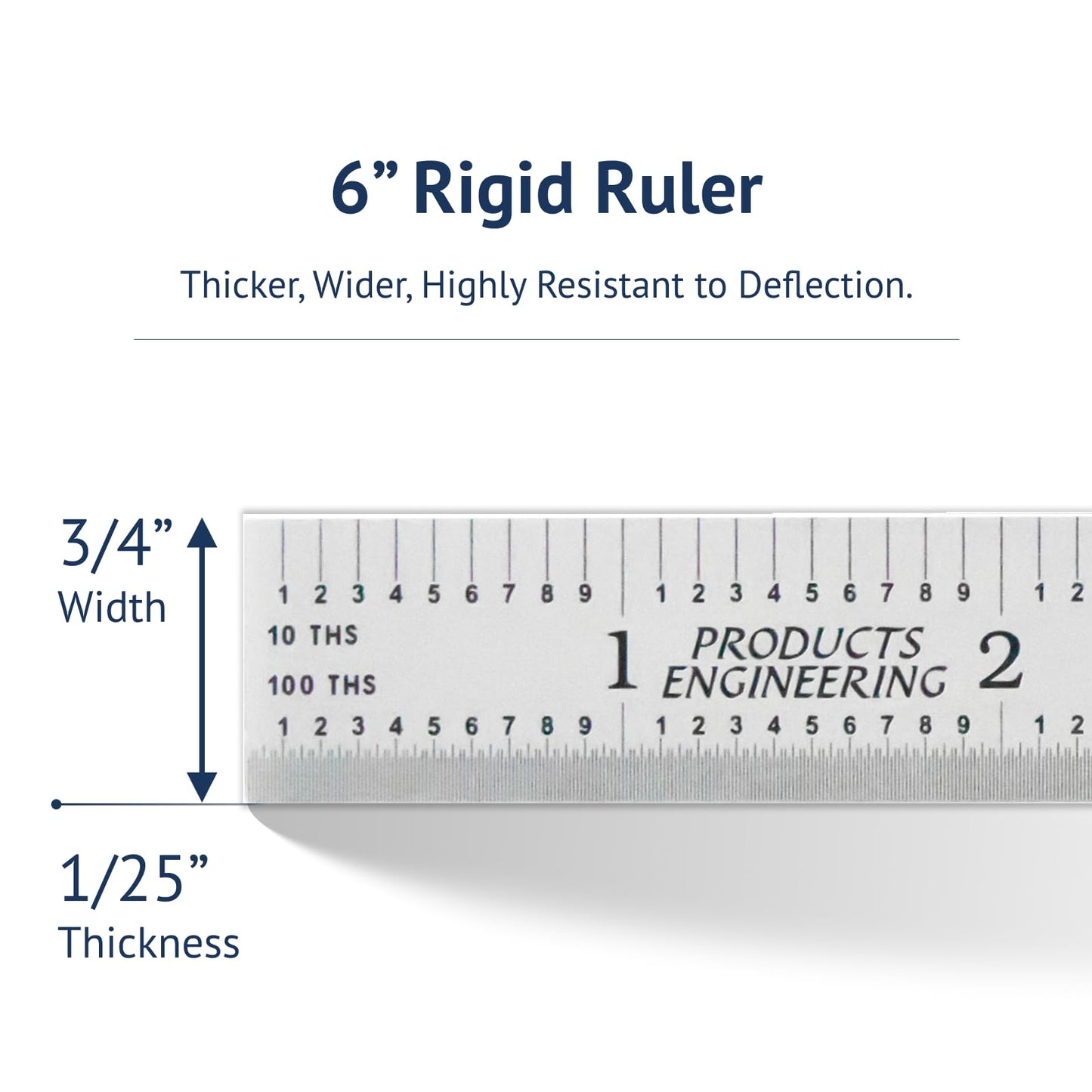 PEC Tools 6"/150mm Rigid Metal Ruler, Satin Chrome Carbon Steel Machinist Rule, Decimal & Metric Graduation (1/10", 1/100", 0.5mm, 1mm), Fully Hardened and Tempered, Made in USA