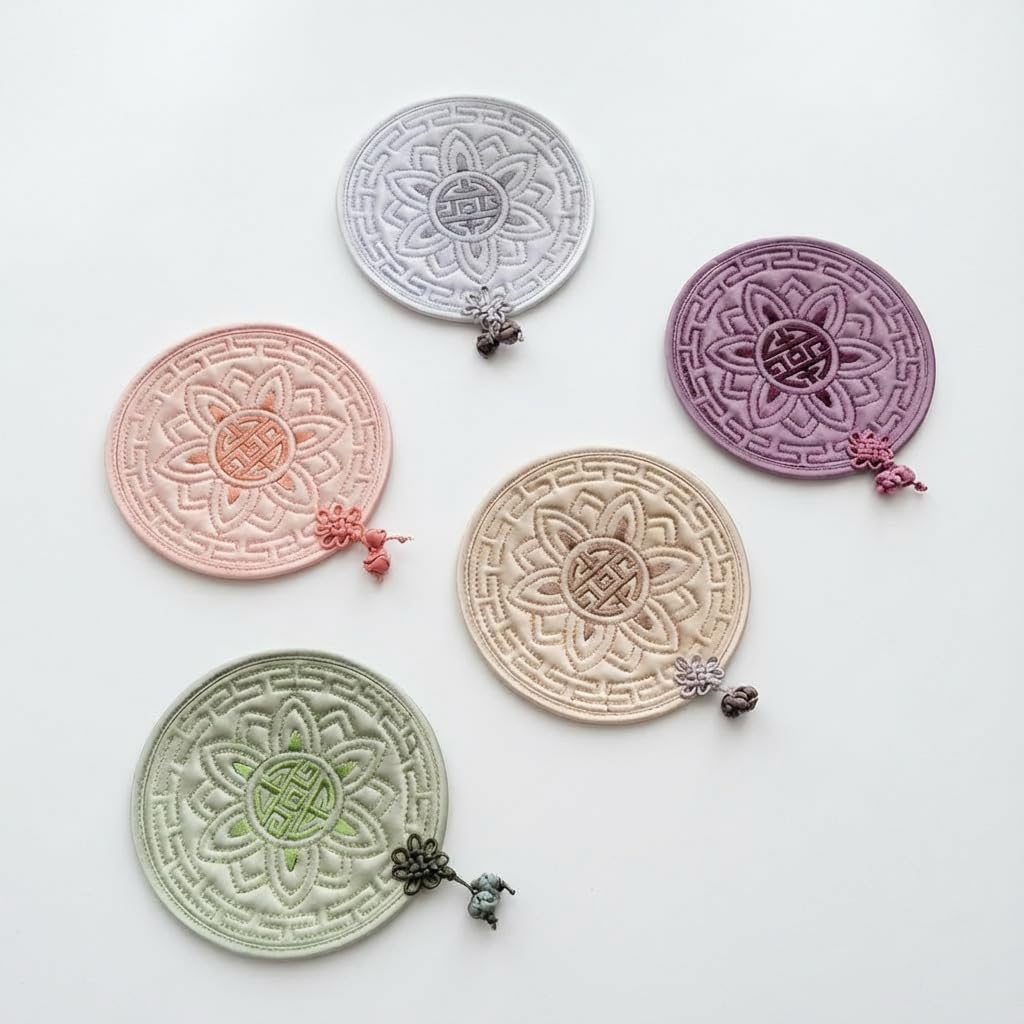 Korean Traditional Lotus Fabric Coasters Set of 5, Korean Fabric Coasters, Washable Fabric Coasters, Absorbent Drink Coasters, Round Tea Coasters for Drinks & Coffee Mug Cushion