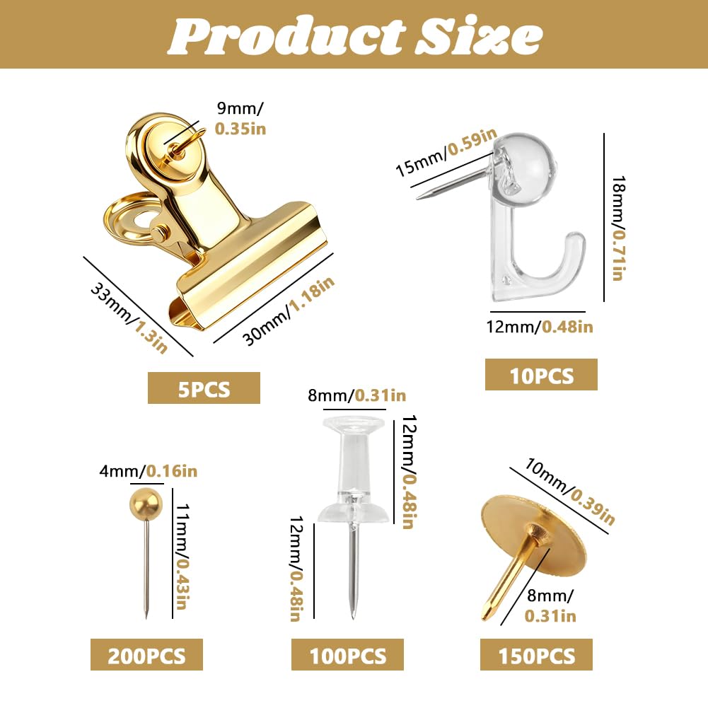465 Pcs Gold Push Pins Set, 5 in 1 Thumb Tacks with Clips and Hooks for Cork Board, Multi‑Use Decorative Pushpins in Storage Box for Bulletin Board, Maps, Photos and Home Office
