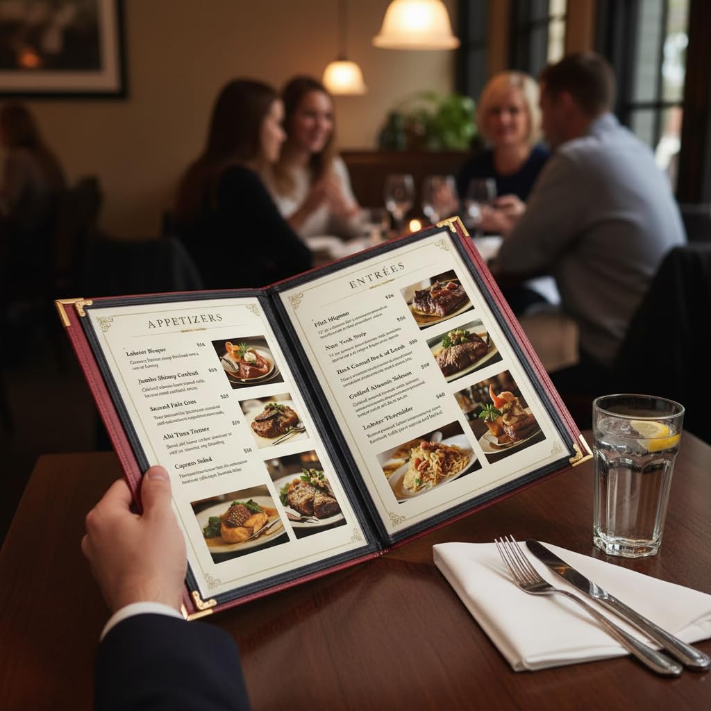 2-Pack Menu Covers 8.5x11 Inch, Burgundy Red Faux Leather Menu Holder, 2-Page 4-View Menu Book for Restaurant Bar Steakhouse, Wine List & Drink Menu