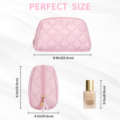 senbowe Small Makeup Bag,Travel Cosmetic Bag, Pink Puffy Padded Make Up Bag for Women, Wide-open Cute Makeup Bag Pouch Purse, Quilted Toiletry Makeup Organizer Bag with PVC Pockets,Travel Essentials