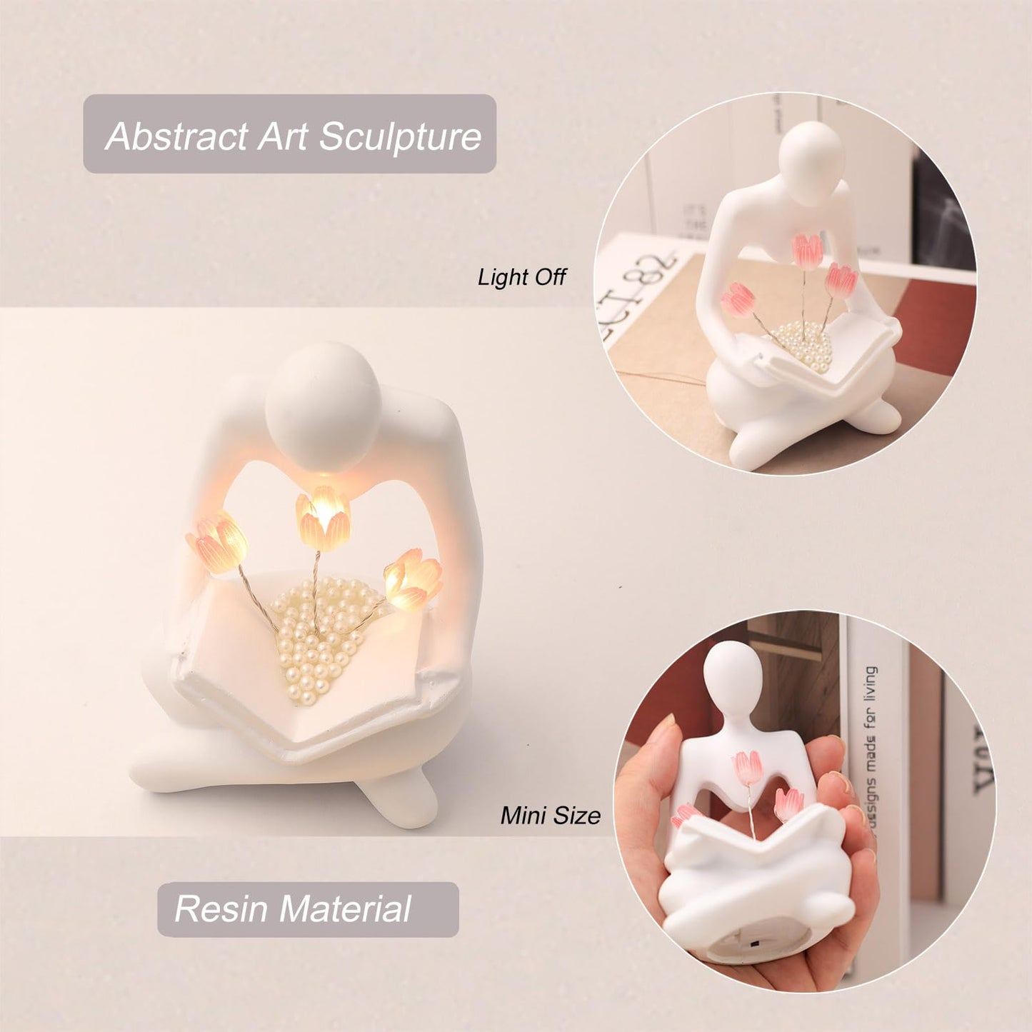 ITOWNKN Reading Sculptures Tulip Lamp,Thinker Statue Figurine Battery Powered Night Light,Modern Abstract Home Decoration, Living Room Bookshelf Office Shelves Desk Decor,Aesthetic Gift