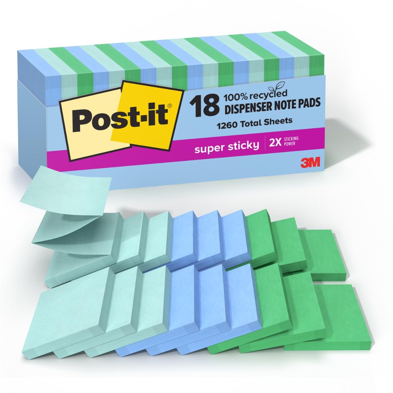 Post-it Super Sticky 100% Recycled Pop-up Notes, Oasis Collection, 3 in. x 3 in., 70 Sheets, 18 Pads, School Supplies and Office Products