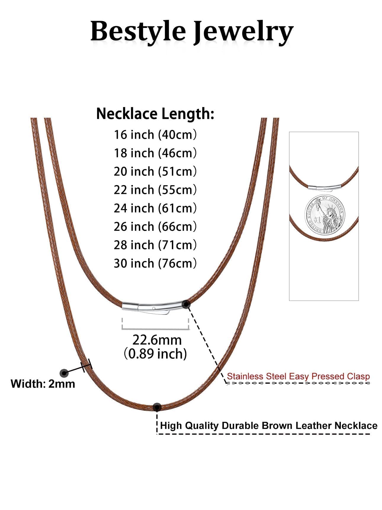 Bestyle Brown Leather Necklace for Men Women,Waterproof Wax Woven Rope Chain with Stainless Steel Clasp, 2MM Leather Cord Necklace for Pendants 16"