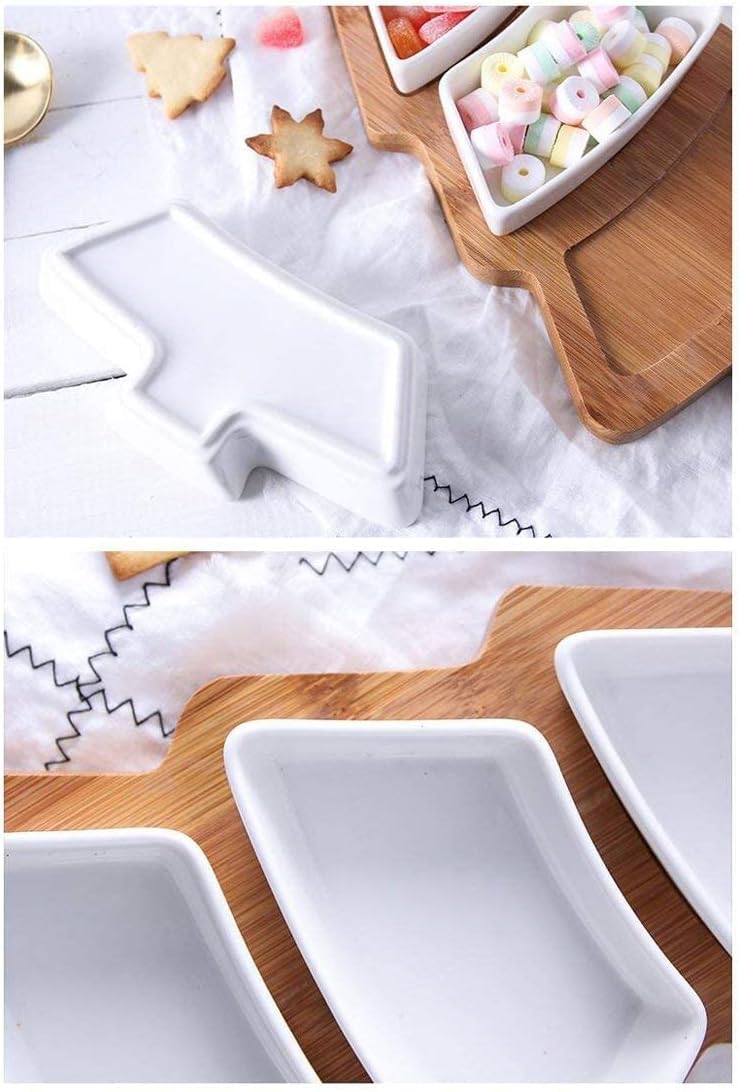 JiabaoPC 10.8 Inches Snack Appetizer Trays Set, Christmas Tree Dessert Serving Dishes, Snack Platter, 3 pcs Removable White Porcelain Plates with Bamboo Tree Tray,Thanksgiving and Christmas