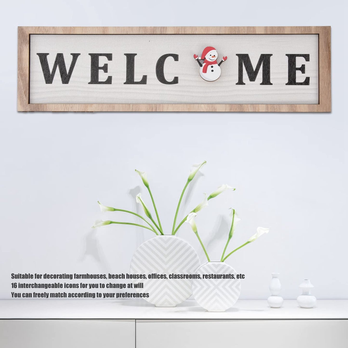 Holiday Interchangeable Welcome Sign for Front Door Christmas Wood Porch Sign with 16 Pcs Seasonal Icons Home Farmhouse Xmas Welcome Outdoor Festival Seasonal Decoration