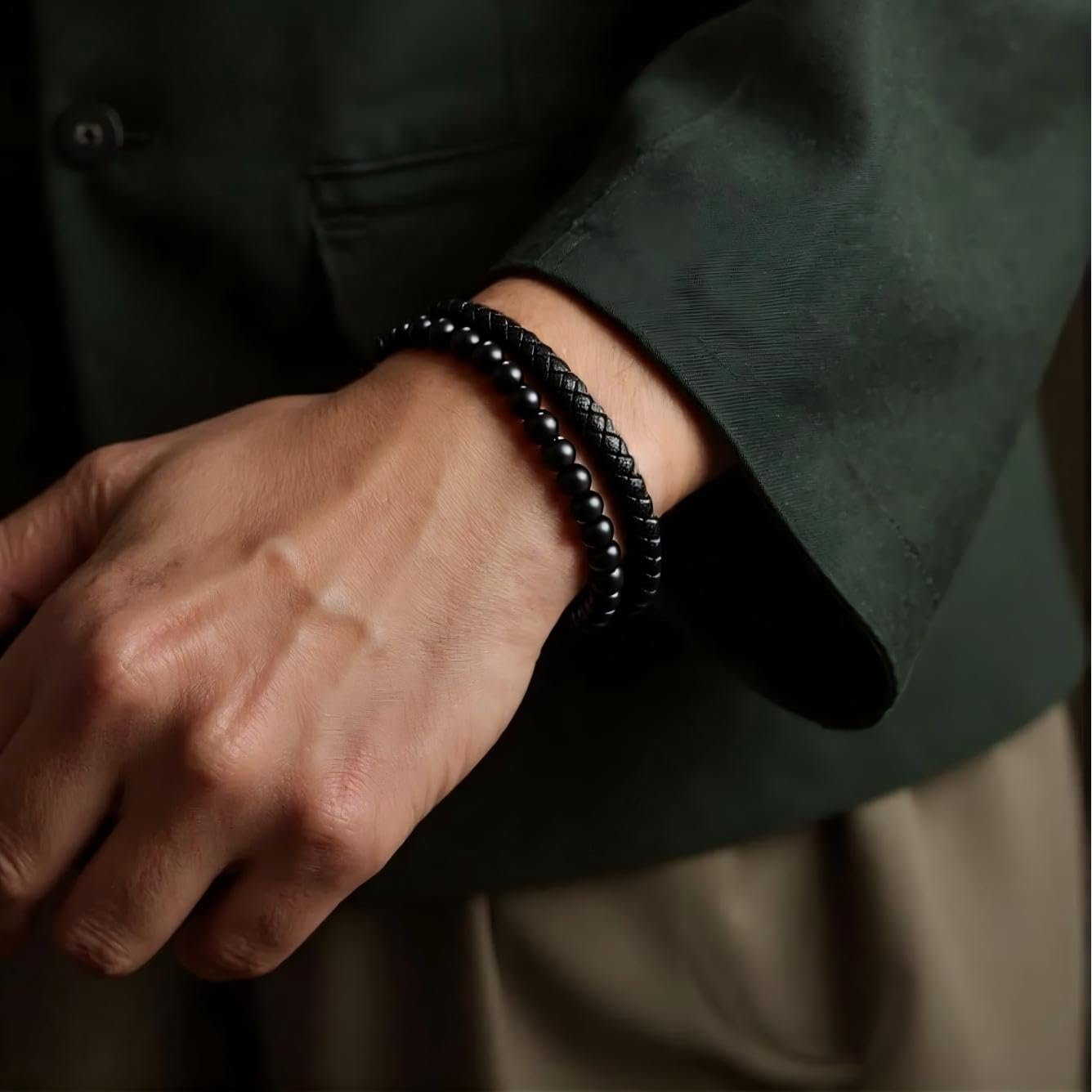 MYNENEY Stainless steel tiger eye stone cuff leather bracelet with bead, hand woven double-layer men's bracelet (Black, 9, Inches)