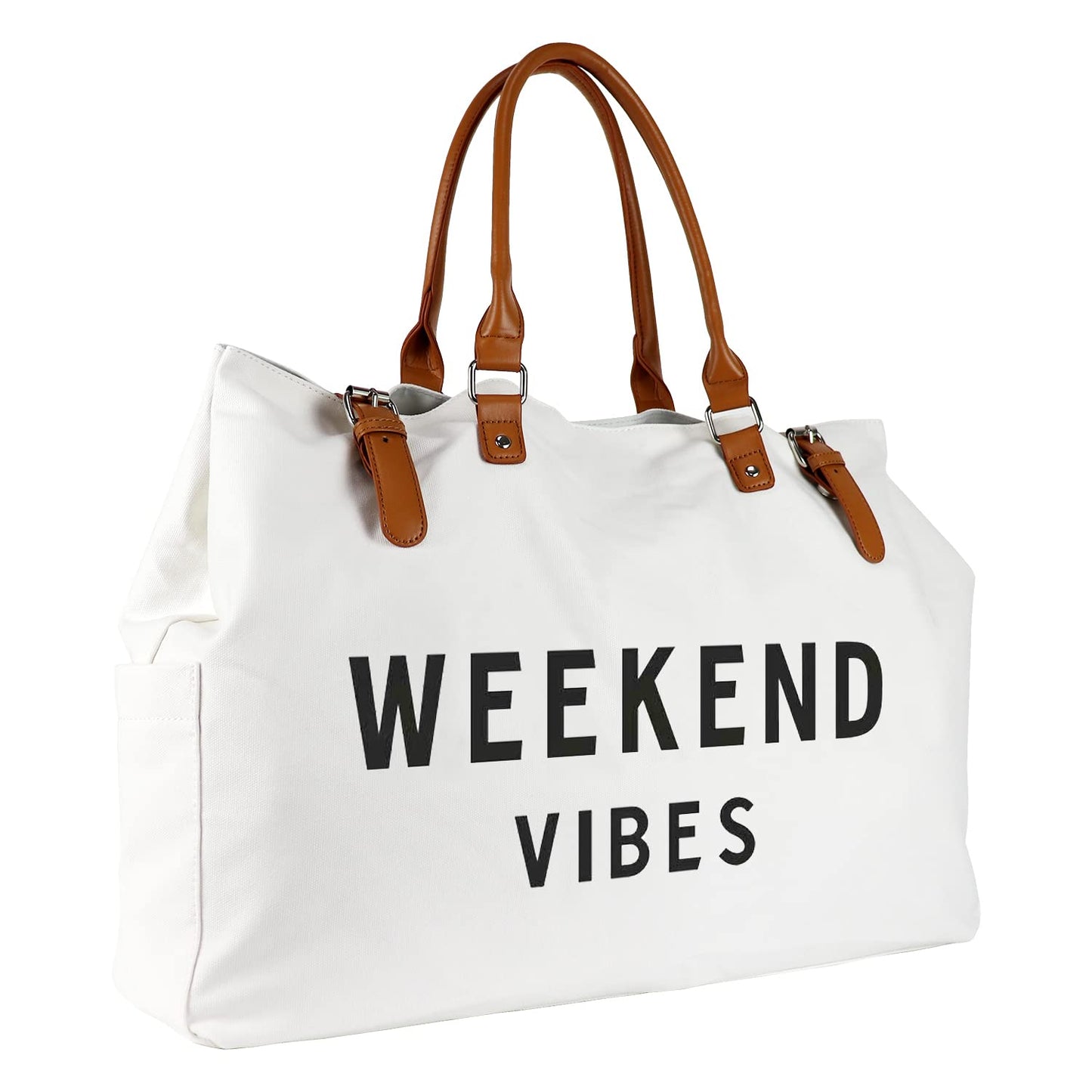 Lamyba Beach Tote Bag for Women, Oversized Travel Tote Bag with Vegan Leather Handle, Weekend Vibes White X-Large