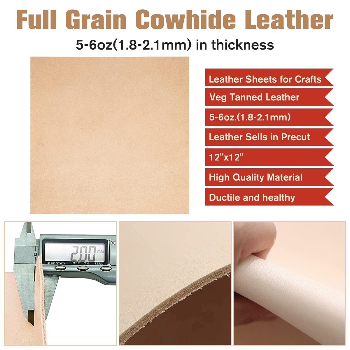 Thick Leather Sheets for Crafts Tooling Leather Square Veg Tan Leather 1.8-2.1mm Full Grain Leather Pieces Genuine Cowhide Leather for Crafts Sewing Hobby Workshop 12"x12"