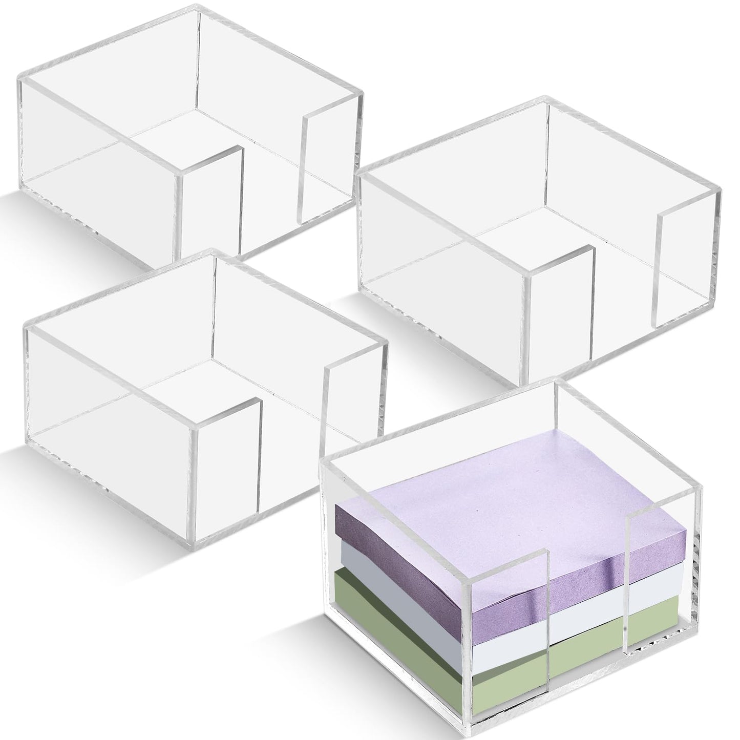 Threehoney 4 Pcs Acrylic Sticky Note Holder 3 x 3 Clear Crystal Acrylic Note Dispenser Notepad Memo Holder Office Desk Organizer Accessories Sticky for Dorm Room Office Desk