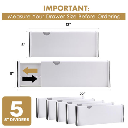 RAPTUROUS Adjustable Deep Drawer Divider – 5" Tall, Expandable 13-22", 10-Pack, Non-Slip Drawer Dividers for Clothes, Dresser, Kitchen & Office Organization (White)