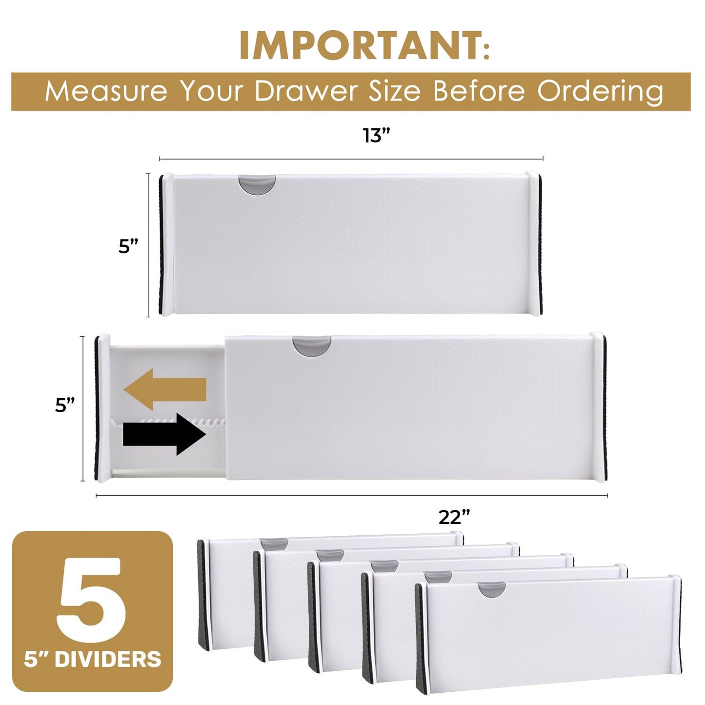 RAPTUROUS Adjustable Deep Drawer Divider – 5" Tall, Expandable 13-22", 5-Pack, Non-Slip Drawer Dividers for Clothes, Dresser, Kitchen & Office Organization (White)
