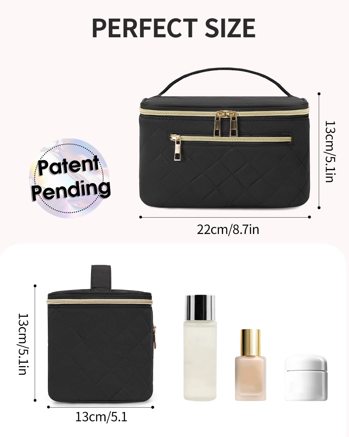 Wandering Nature Makeup Bag, Travel Make Up Organizer Cosmetic Brush Bags Case for Women in Eco Vegan Leather, Green & Quilted Fabric, Black(Patent Pending)