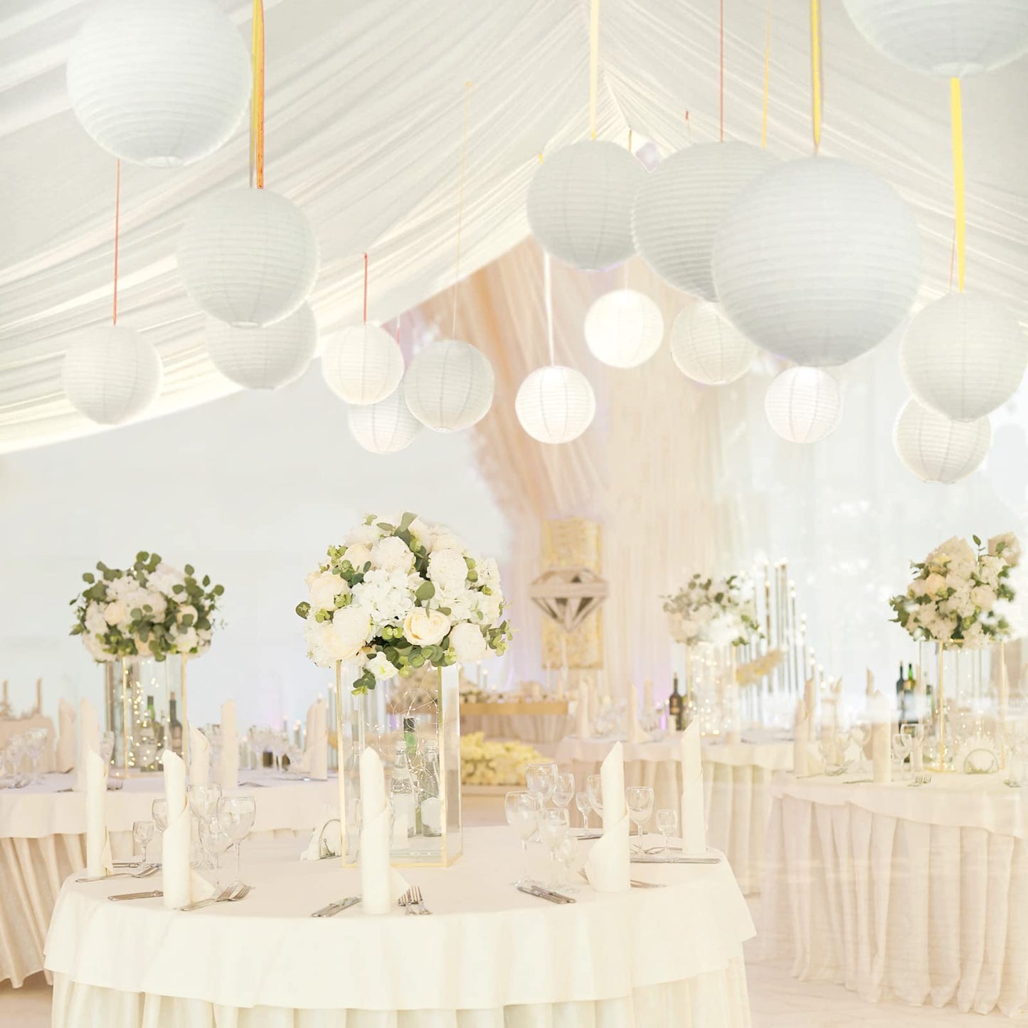 White Hanging Paper Lanterns, Round Chinese Paper Lanterns, Party Wedding Anniversary Decorations, 4 Size - 10 Pieces