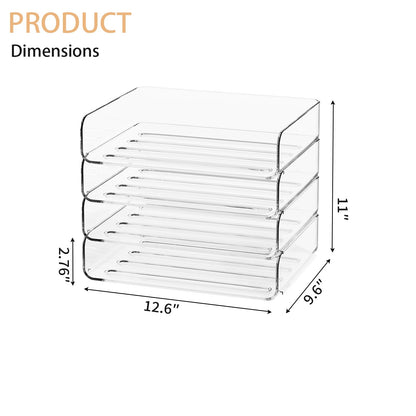 FANXIYQ 4-Tier Acrylic Paper Tray Organizer - Low-Profile Desk File Sorter for Office/Home, Clear Stackable Letter Tray for Bills, Crafts, Notebooks