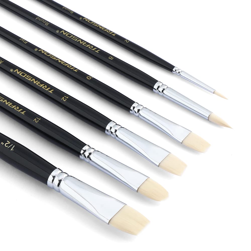 Transon Paint Brush Set 6pcs Art Painting Flexible Bristle for Acrylic Watercolor Gouache Oil Leather Canvas and Face Painting