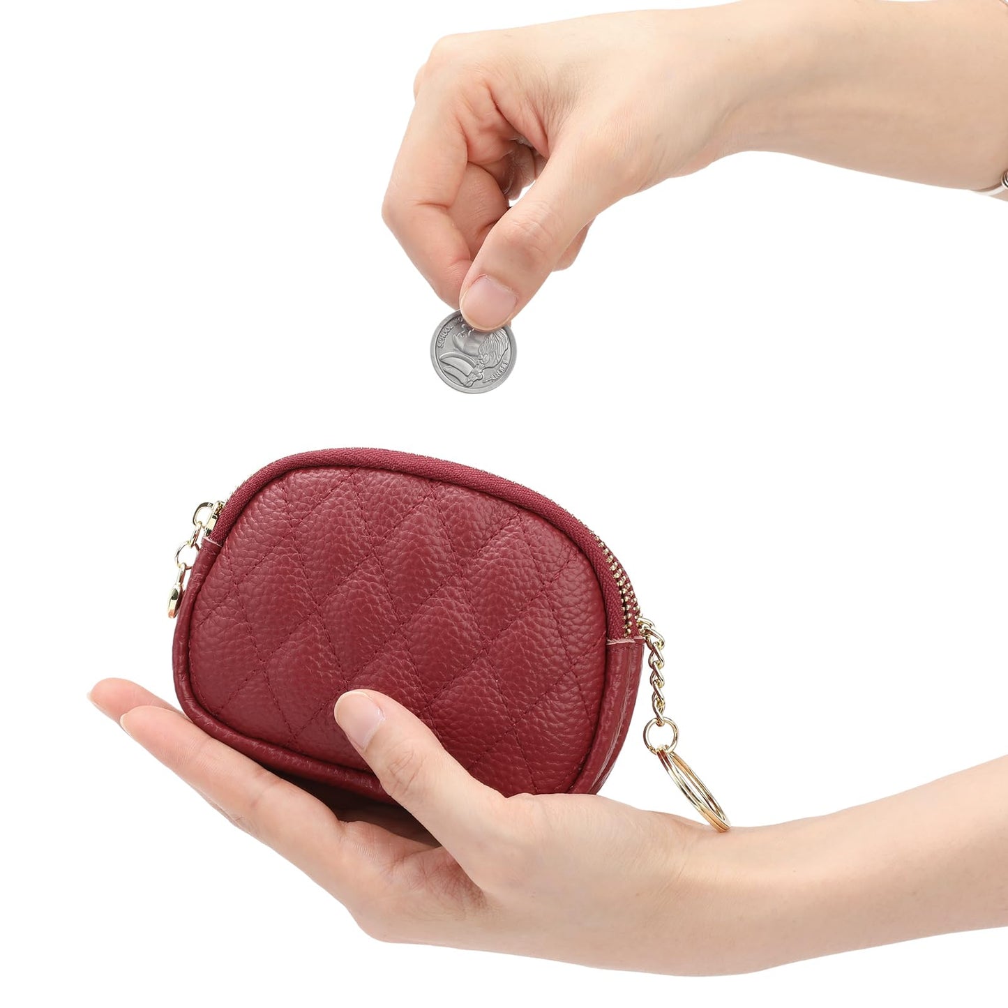 SENDEFN Women's Coin Purse Genuine Leather Wallet Small 2 Zippers Change Pouch Purse with Keychain Ring