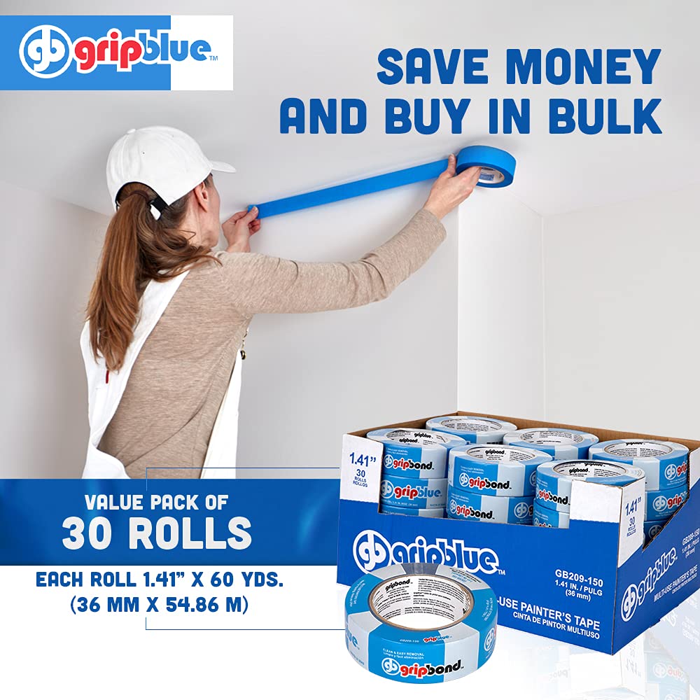 GripBlue Blue Painters Tape 1.5 Inch Wide, 30 Rolls Masking Tape - Perfect for Precise Lines on Walls & Trim, Multi-Surface, Residue-Free, Easy Removal - Ideal for Indoor & Outdoor Use, 1.41in x 60yds