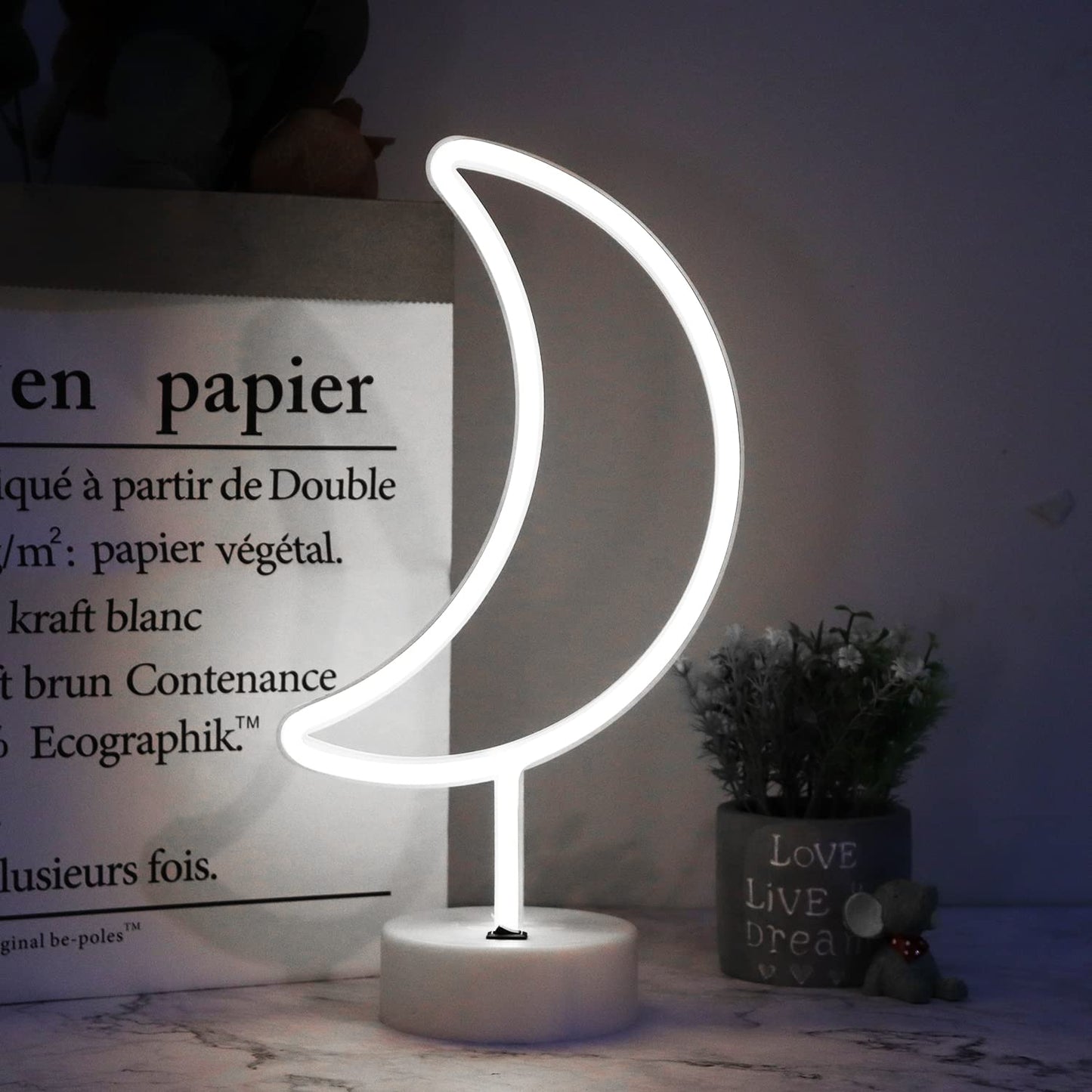 Vicila Neon Moon Lights - LED Moon Decor Neon Signs Art Decorations Crescent Night Lights Lamp for Party Supplies, Children Kids Girls Gift - Moon with Holder Base (White)