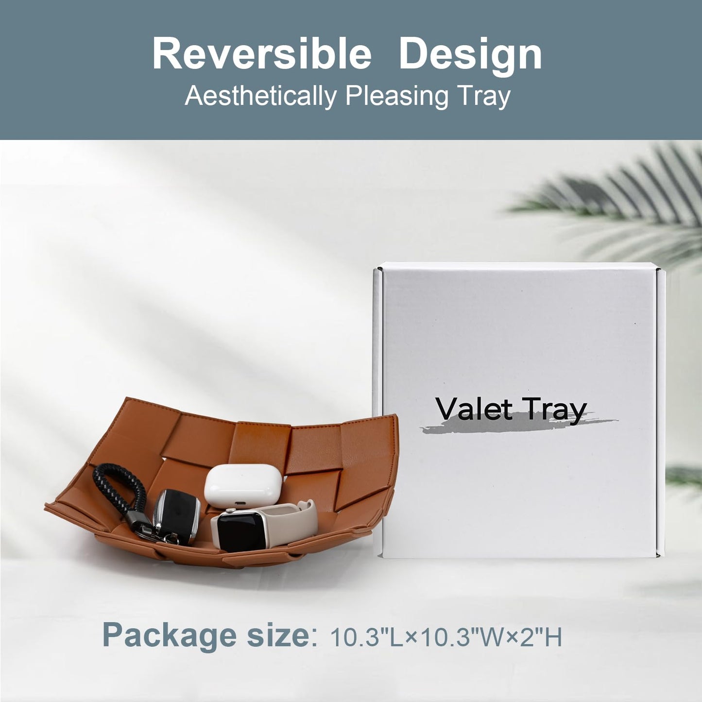 Valet Tray PU Leather Key Holder Bowl for Men and Women Entryway Table Nightstand Catchall Storage Organizer EDC Dump Tray for Wallet, Keys, Coins Men's Gift - Brown, 9.8" L x 9.8" W x 2" H