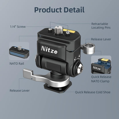 Nitze Quick Release Camera Monitor Mount (NATO Rail with 1/4” Screw and Retractable Pins to Cold Shoe), Field Monitor Mount with Adjustable NATO Clamp, 170° Tilt and 360° Pan - N54-S1