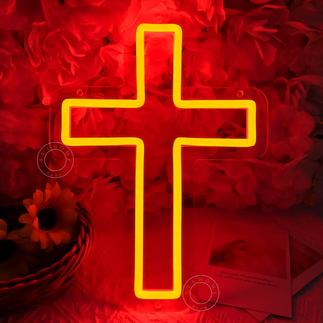 SYLHOME Cross Led Neon Light Sign Kids Bedroom Nursery Wall Sign Decor Christening Baby Shower Wedding Birthday Christmas Party Backdrop 11.8" X 8.66" USB Red