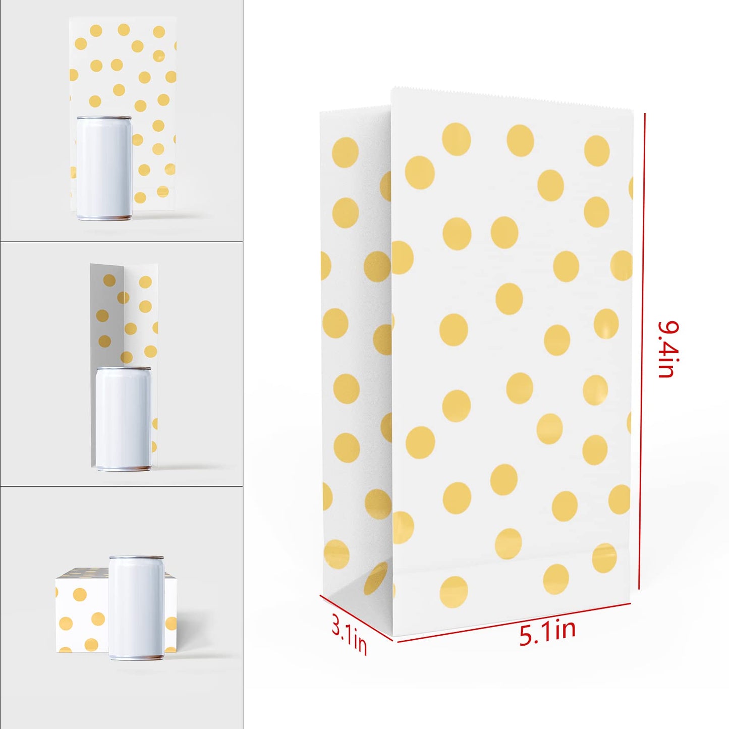 ADIDO EVA 100 PCS Gold Polka Dot Paper Bags Small Paper Party Treat Bags (5.1 x 3.1 x 9.4 Inch)