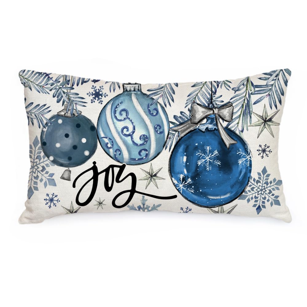 AACORS Christmas Pillow Cover 12X20 Inch Baubles Christmas Tree Stars Joy Decoration Holiday Farmhouse Winter Pillow Case for Sofa Couch Decor（Blue） AA614-12