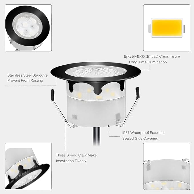 Led Deck Lights Outdoor Waterproof Low Voltage Stainless Steel 1W Outdoor Yard Garden Decoration Lamps Landscape Pathway Patio Step Stairs LED In-ground Lights Black Border(6pcs,Warm White)