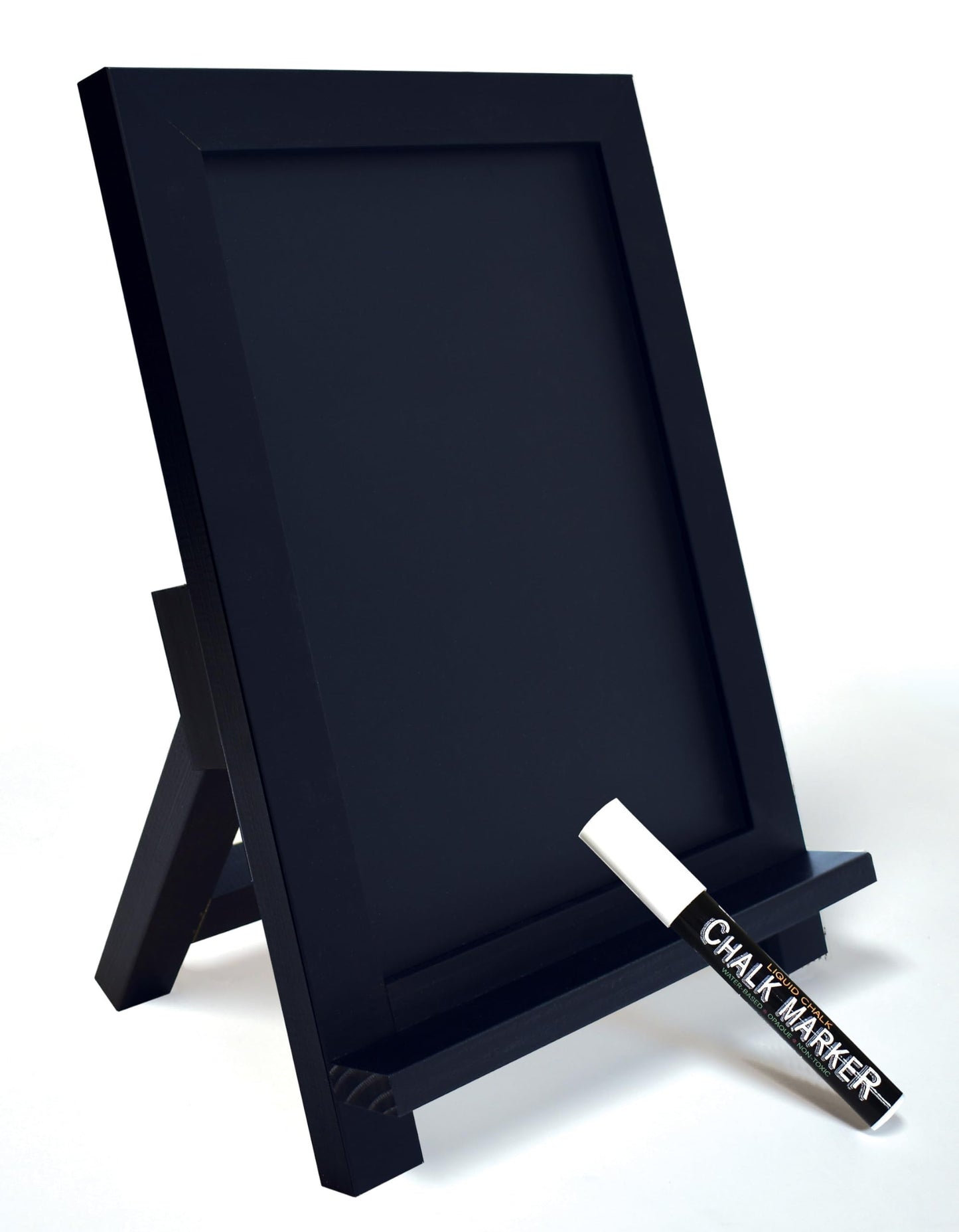 Framed Tabletop Chalkboard Sign, 9.5" x 14", Rustic Wood Frame, Small Magnetic Chalkboard with Built-in Ledge, Folding Stand, & One White Chalk Marker, by Better Office Products (Solid Black)