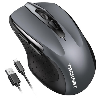 TECKNET Wireless Mouse Rechargeable, 2.4G USB-A Silent Mouse, Quiet Click, 6 Adjustable 4800 DPI, Cordless Computer Mice, Ergonomic Mice for Laptop, 6 Buttons for Chromebook, Ergo Grip - Black