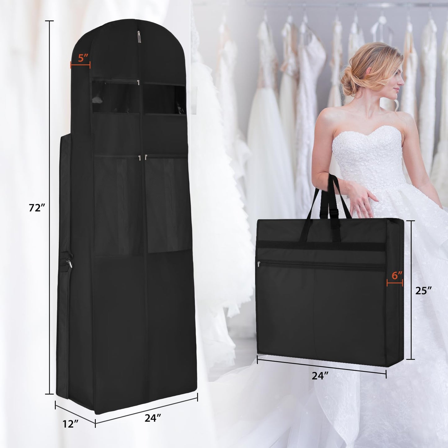 KEEGH Wedding Dress Garment Bag, 72” Tri-fold Bridal Dress Bags for Gowns, With Accessory Pockets and Adjustable Buckle Dress Cover for Wedding/Prom/Travel/Closet Storage (Black)