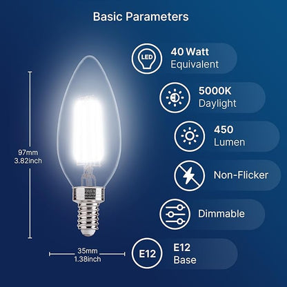 FLSNT 96 Pack Dimmable LED Candelabra Bulbs, 40W Equivalent LED Chandelier Light Bulbs, E12 Base, 5000K Daylight UL,CA65 Listed.