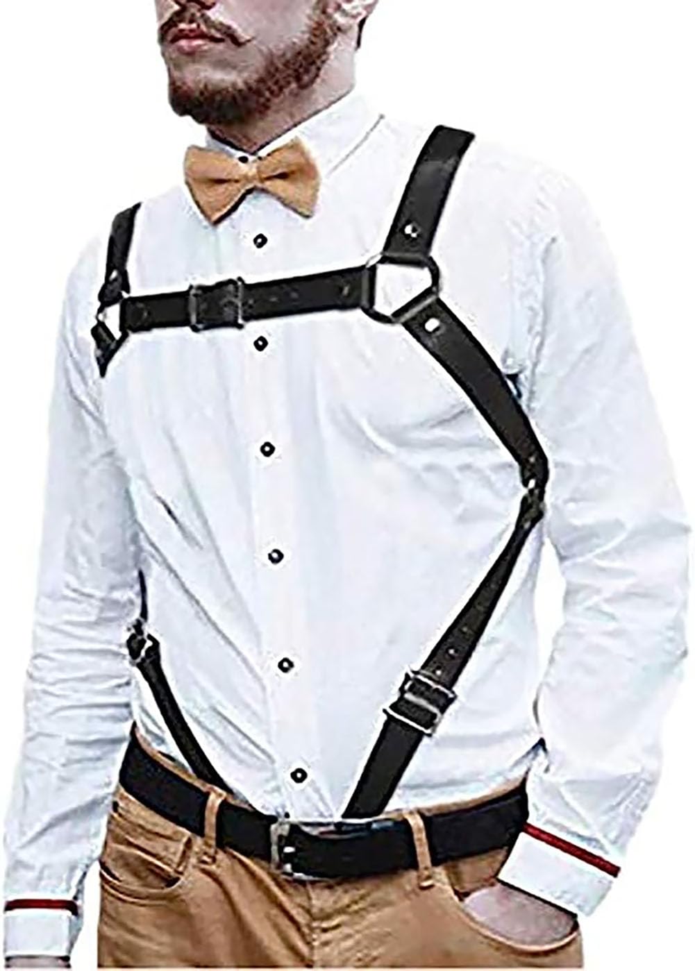 Mens Black Leather Armors Suspenders Shoulder Strap Body Chest Harness Chain Belt Adjustable Gay Punk Clubwear Costume