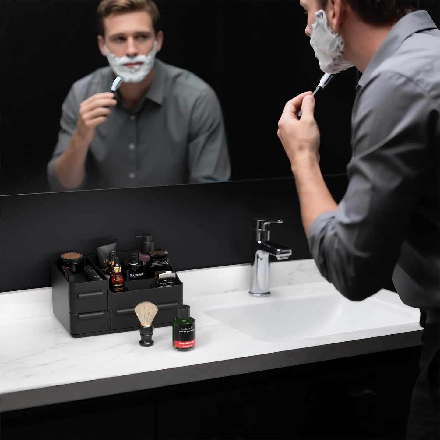 Rasydyn Men's Cologne Organizer with Drawers: Black Men Bathroom Counter Organizer, Dresser Organizer for Shaving Kit, Skincare, Gifts for Men