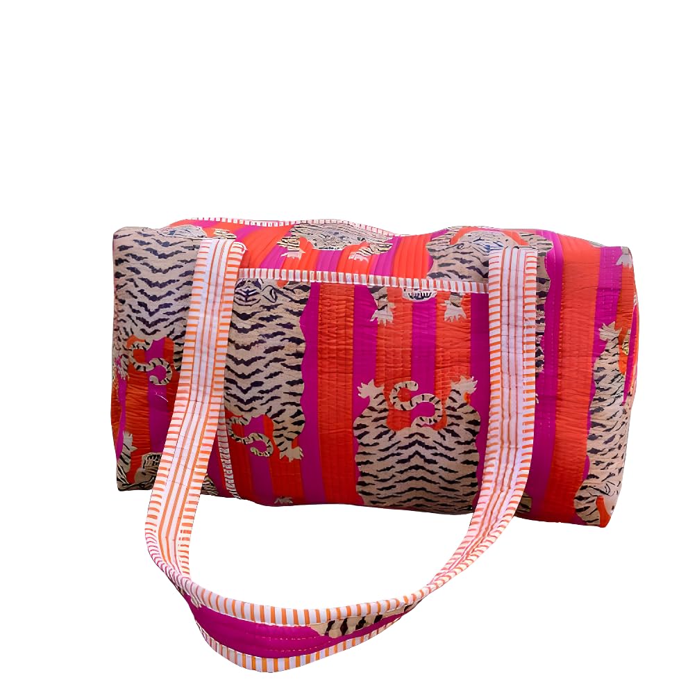 INDACORIFY Cotton Tiger Print Quilted Duffle Bags Large Size Beautiful Print Weekender Bags Handmade Shoulder Travel Overnight Trip Yoga Bag