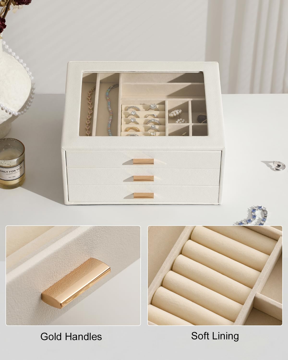 GLOBAL KA Jewelry Box with Glass Lid,3-Layer Jewelry Boxes for Women,PU Leather Jewelry Organizer with 20-Grid Earring Drawer & Movable Dividers for Necklaces Rings - Cloud White