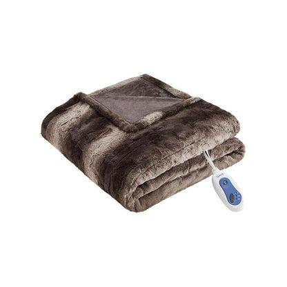 Beautyrest Zuri Reversible Faux Fur to Mink Electric Blanket, Auto Shut Off, Virtually Zero EMF, Multi Heat Setting, UL Certified, Machine Washable, Natural Marble Throw 50x70