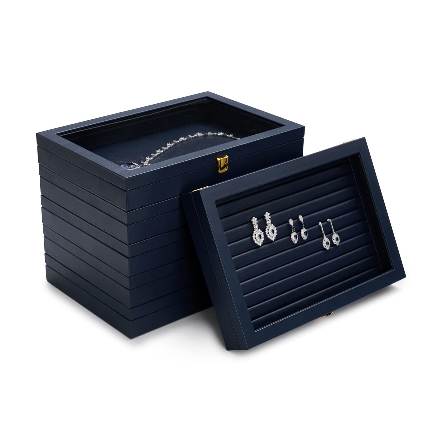 Oirlv Premium Blue Leather Rings Earrings Organizer Tray with Clear Lid Jewelry Display Box with Acrylic Lid Stackable Jewelry Box Drawer Inserts