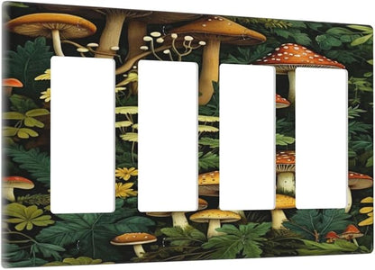 Mushrooms Forest Nature Botanical Art Light Switch Cover 4 Gang Rocker Decora Outlet Covers Wall Plate Decorative Switchplate Electrical Faceplate GFCI for Farmhouse Living Decor