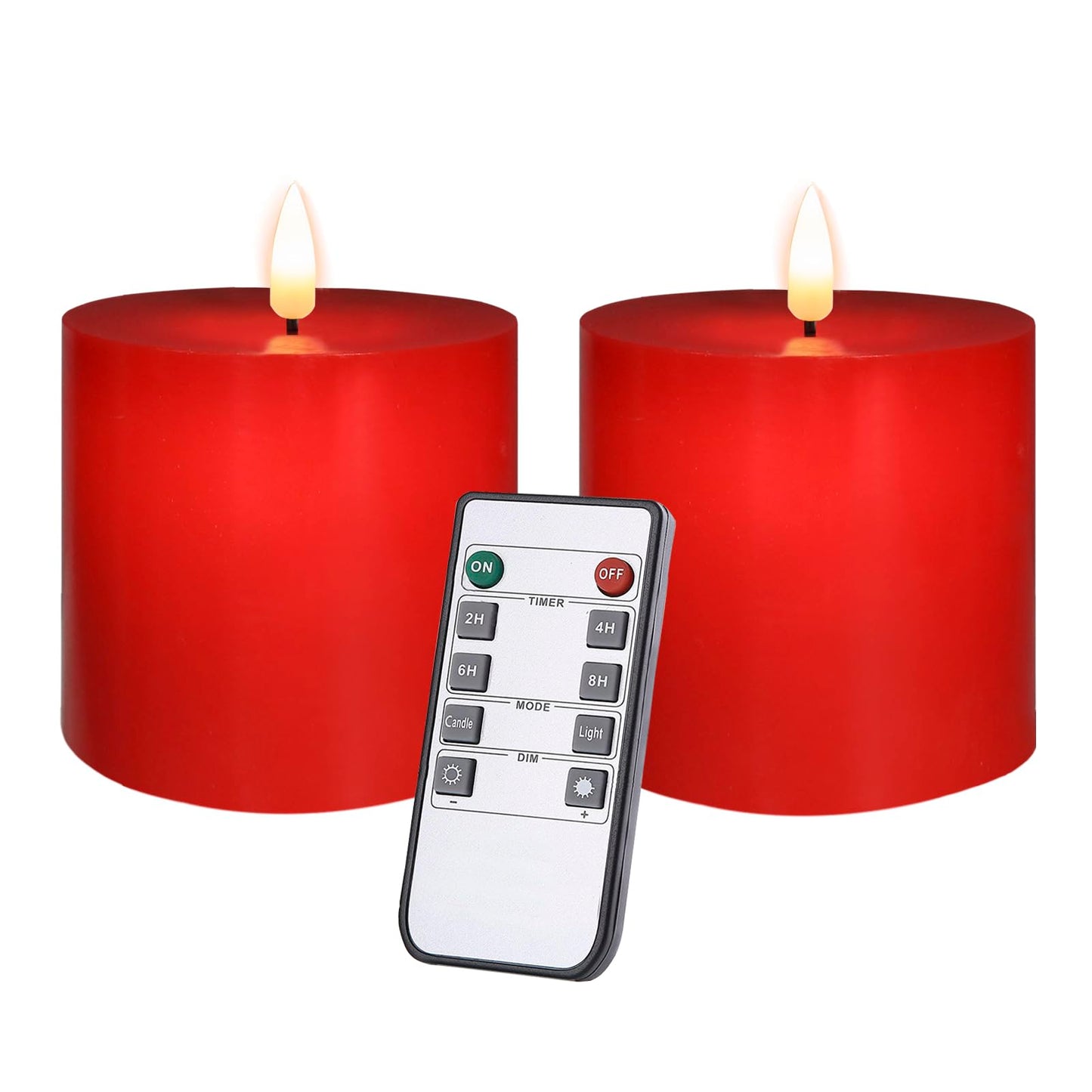 volnyus Red Flameless Candles Set of 2 (3x3 inch) Real Wax Flickering LED Candles Battery Operated with Remote Control Timers for Christmas Fireplace Party Dimmable Pillars Flat top