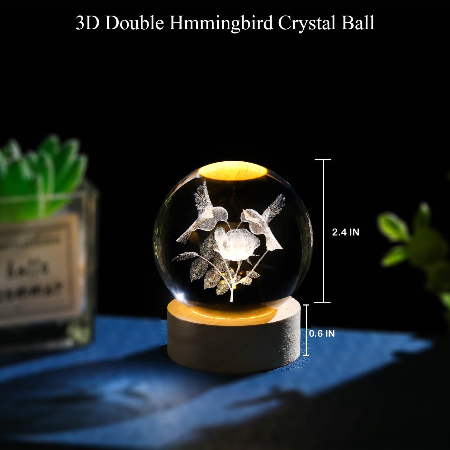 Arikyrist 3D Crystal Hummingbird Figurines Decorative Balls Night Light, Crystal Humming Birds Figurines Gifts for Bird Lovers, 3D Laser Engraved Glass Sphere Decor for Home Office.