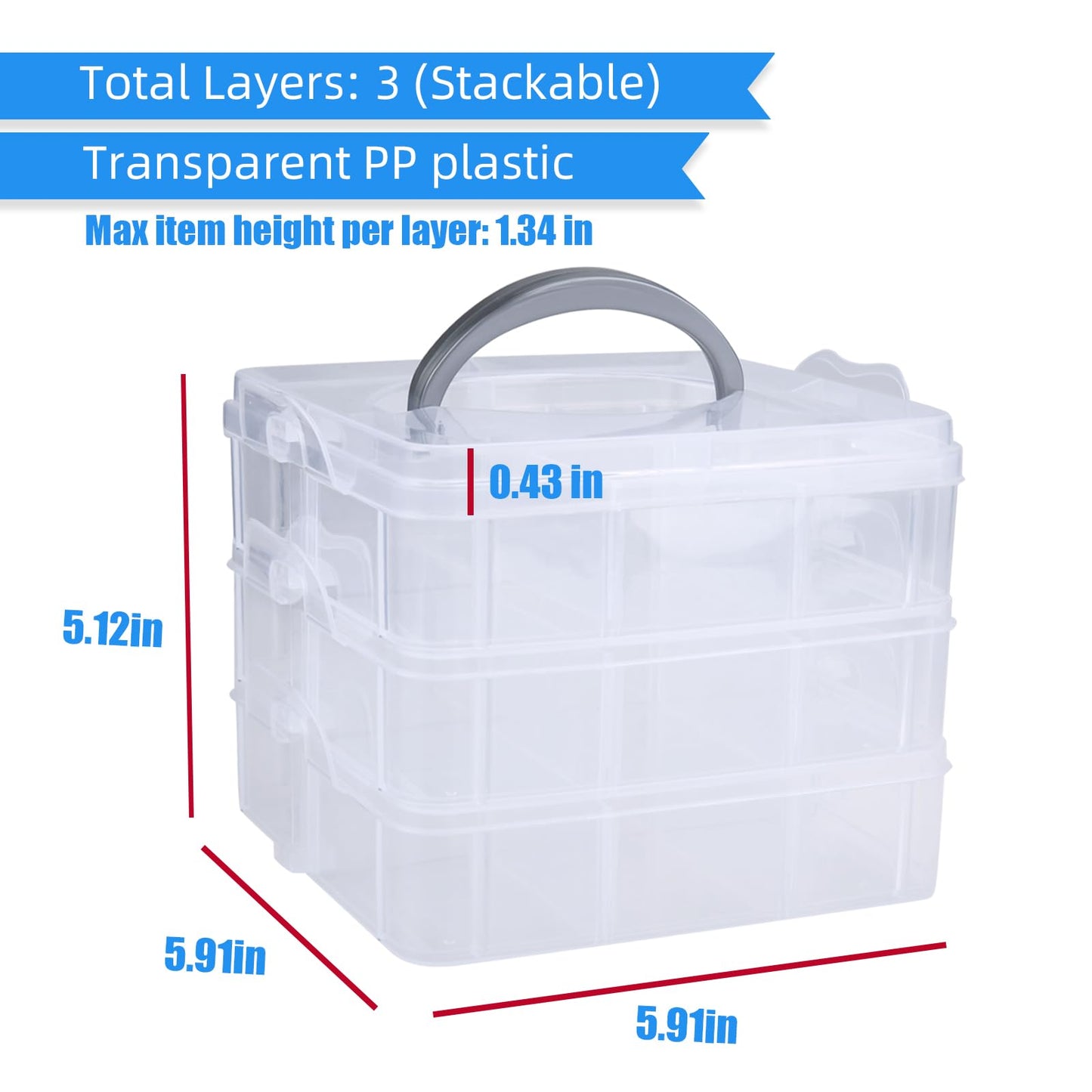 2pack 3-Tier Stackable Storage Container Box with Adjustable Compartments for Kids Toys, Art Crafts, Jewelry, Supplies,Tools Storage-18 Compartments, 5.91" L x 5.91" W x 5.12" H