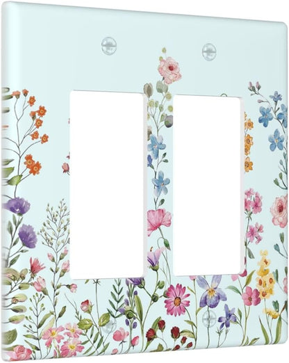 Rustic Wild Floral Vintage Blue Watercolor Flower 2 Gang Rocker Decora Light Switch Covers Decorative Unique Dual Outlet Covers Wall Plate Electrical Faceplate Switchplate GFCI for Bedroom