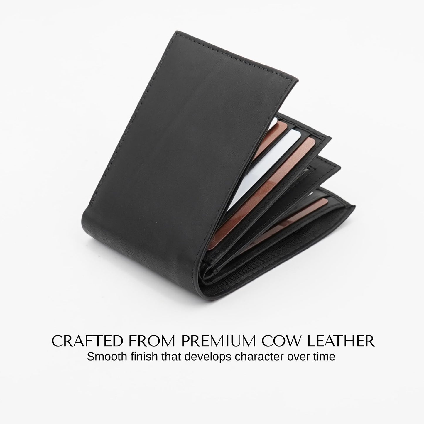 AG Wallets Men’s Bifold Leather Wallet with Double Center Flap, 3 ID Windows, RFID Blocking, Zipper Coin Pocket - Slim Men’s Wallet, Black