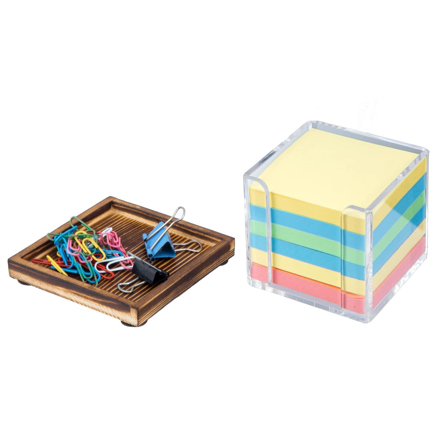 MyGift Acrylic Sticky Note Holder Dispenser with Removable Rustic Burnt Solid Wood Tray, 3-Inch Square Office Desktop Self-Stick Memo Pad Storage Cube