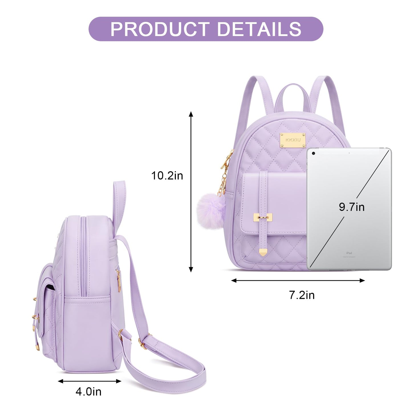 KKXIU Girls Small Backpack Purse Vegan Leather Quilted Mini Daypack for Women Trendy Bookbag (Purple)