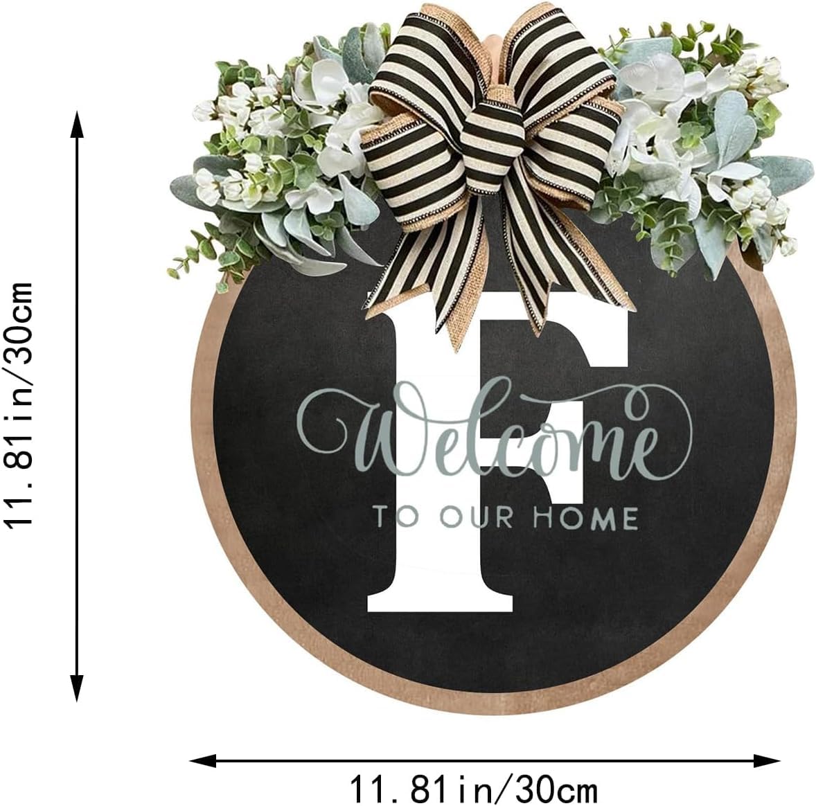 Last Name All Year Round Front Door Garland, Rustic Round Wood Wreaths wall Hanging Outdoor, Farmhouse, Porch, for Spring Summer Fall All Seasons Holiday Halloween Christmas (F)