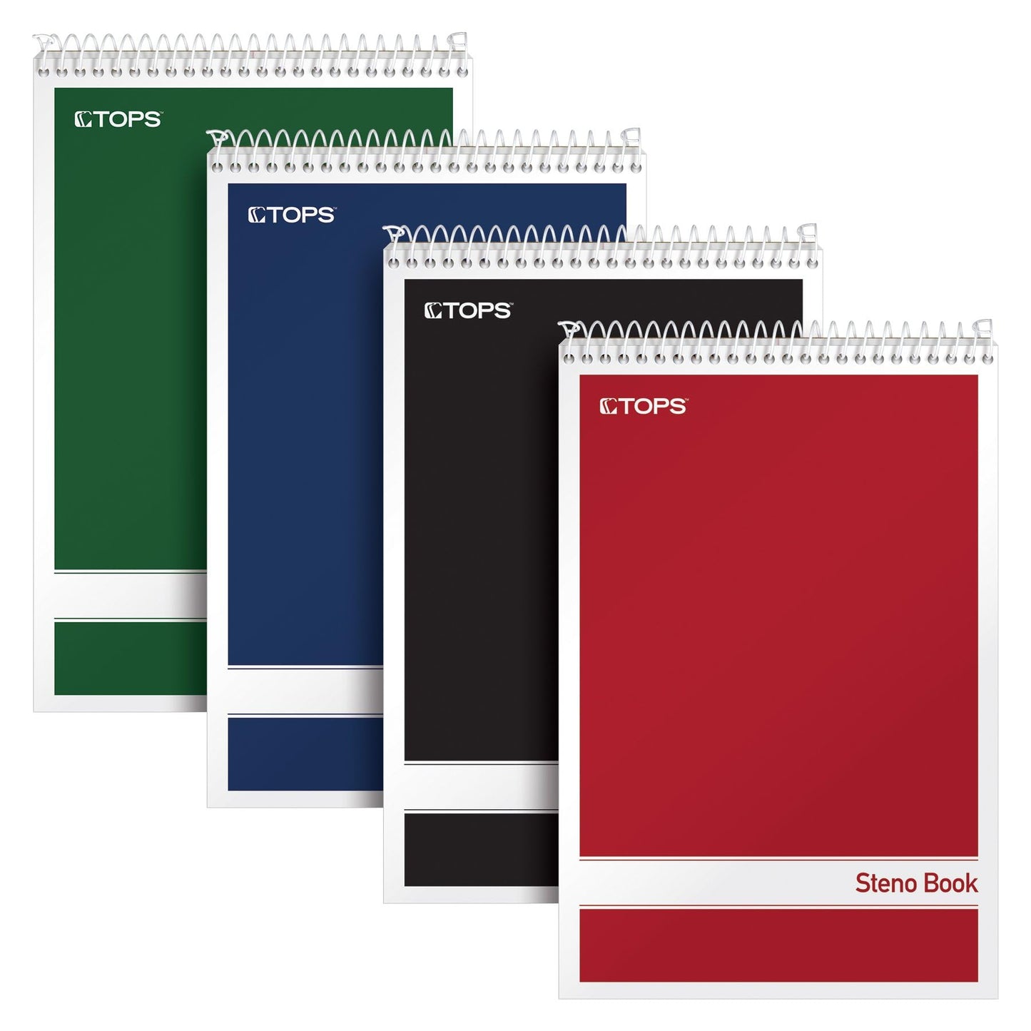 TOPS Steno Pads 4 Pack, 6" x 9" Spiral Steno Notebooks, Gregg Rule for lists, 80 Sheets Each, White Paper, Assorted Covers, Take Notes for School, College, Work, Office (80220)